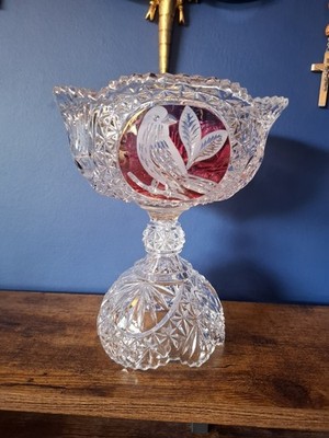 Vintage Kristall Rubin Byrdes Vogel Süßigkeitenschale Vase hoch Mittelstück Deko 