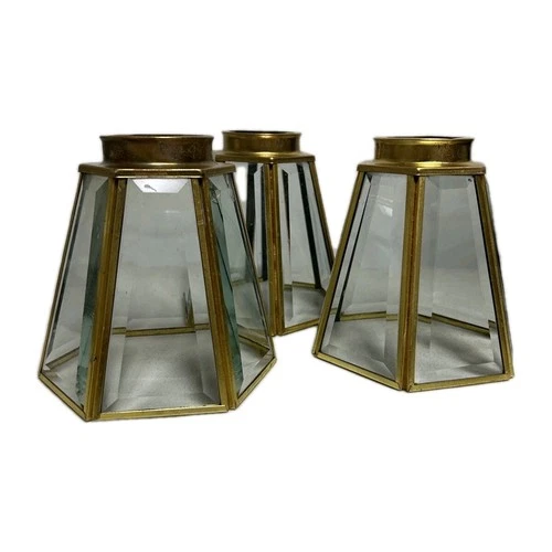 Vintage Set 3 Beveled Glass Lamp Shade Arts Crafts Mission Brass 6 Panel Leaded