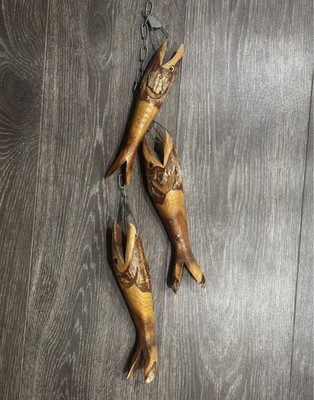 vintage hand carved wooden fish on a stringer  fishing / cabin  / hunting lodge