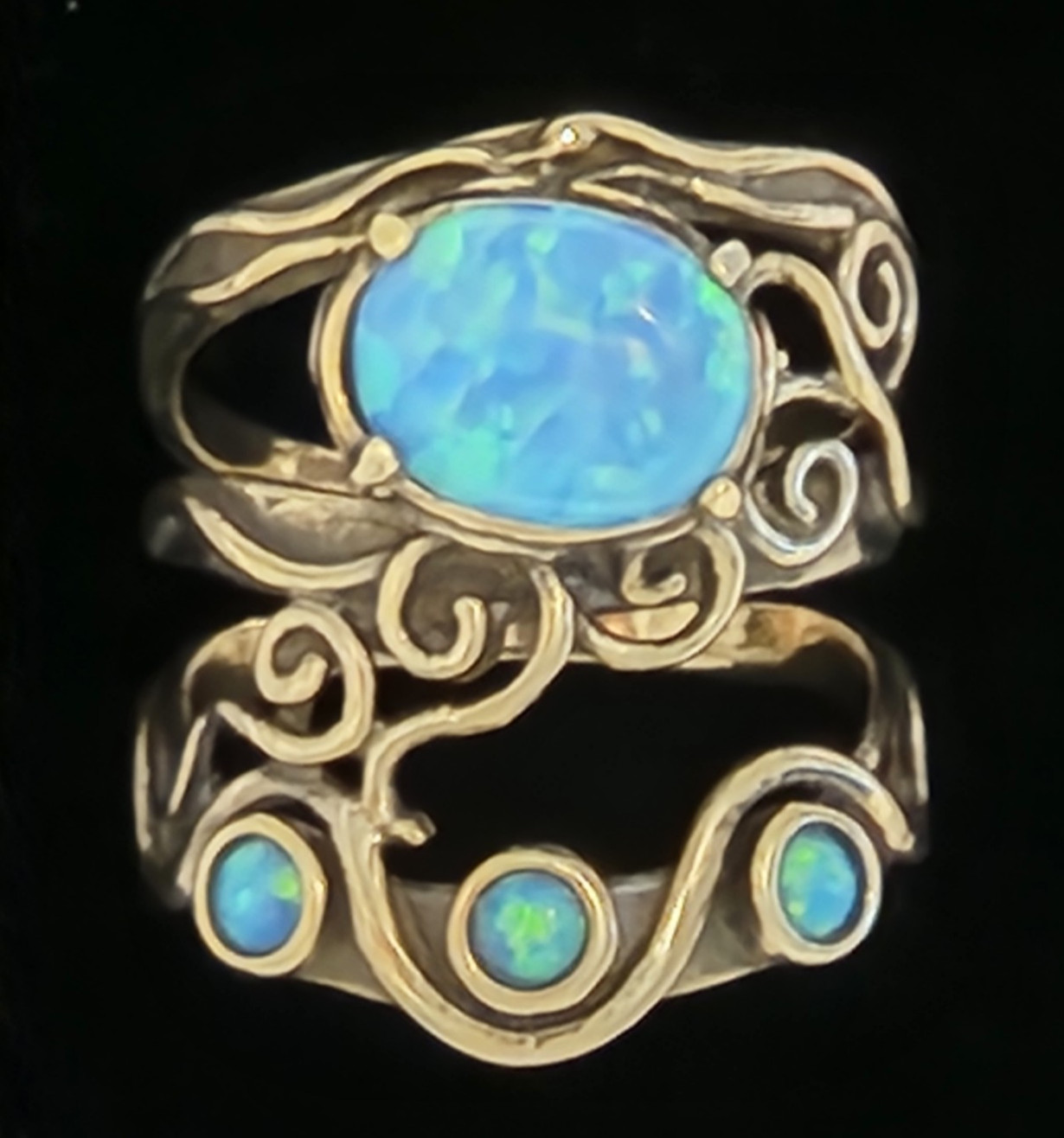 Unique Blue Fire Opal Scroll Statement Ring 925 S… - image 1