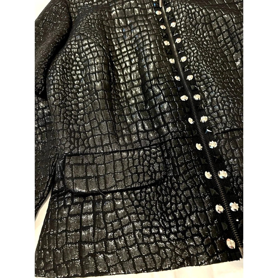 Black faux reptile embossed shimmer zip jacket studs rhinestones metallic thread - Image 3 of 4