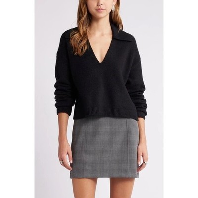 Open Edit Women's Johnny Collar Boxy Crop Sweater Black Size XS