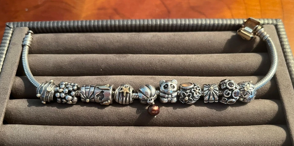 Pandora 退役手链套装 9 珠 2 片 14k 金和 925 银钻石宝石 — 第 3/4 张图片