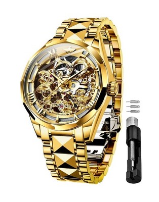 NEW Oupinke 3168 Skeleton Automatic Gold Faceted Bracelet 42mm Watch Full Set