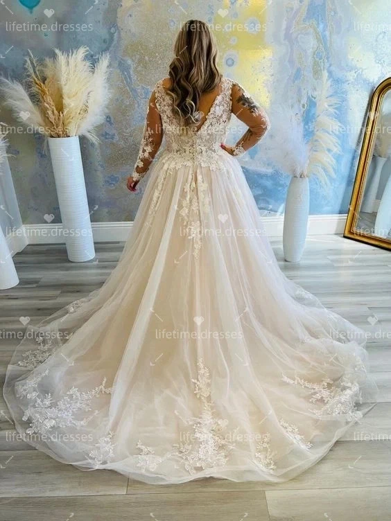 HOT SALE Plus Size Wedding Dresses with Long Sleeves Sweep TrainBridal Gowns - Image 3 of 4