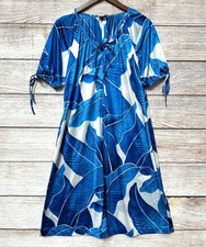 Vintage Sun Fashions of Hawaii Blue Leaf Print Midi Dress Short Sleeve M L 