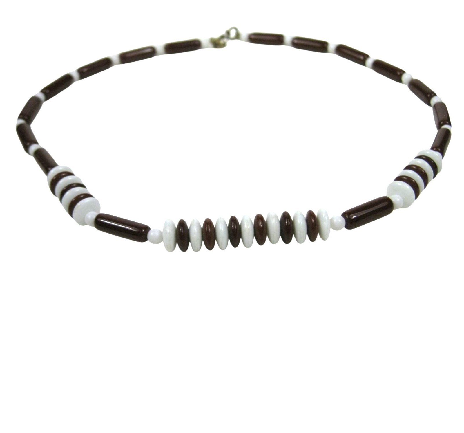 Glass Beaded Choker Necklace Brown White Bead Vintage 1940s Collar Bohemian