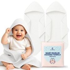 Baby Towels with Hood Muslin Fabric 2 Pieces White Soft Baby Bath Towel, Hood...