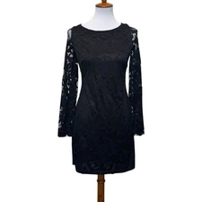 Alexia Admor Floral Lace Bell Sleeve Mini Sheath Dress Black Witchy Womens Small