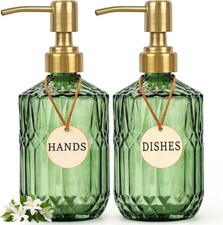 2Pck Green Glass Soap Dispenser Set 15.4 oz Kitchen Bathroom Lotion Pump Bottles