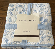 Laura Ashley Twin Quilt Sham Set Cotton Blue White Floral Dorm Room Cottagecoore