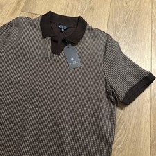 Ben Sherman Men’s Pullover V Neck Collared Knit Shirt Brown Checked Grandpa Med