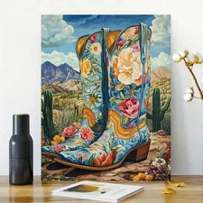 Cowboy Boots Florals Framed Canvas Stretched Ready to Hang 50x40 Home decor Gift