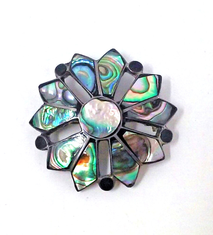 Vtg 925 Mexico Taxco TC-151 Abalone Flower Filigree Sterling Silver Brooch Pin