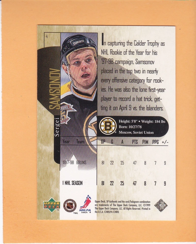 SERGEI SAMSONOV 1998-99 SP AUTHENTIC SP 500 POWER SHIFT #4 BOSTON BRUINS NM-MT - Image 2 of 2