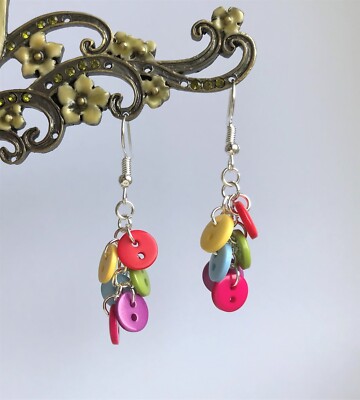 Fun Dangly Multi-Coloured Button Charm Drop Earrings - Rainbow Chakra Craft
