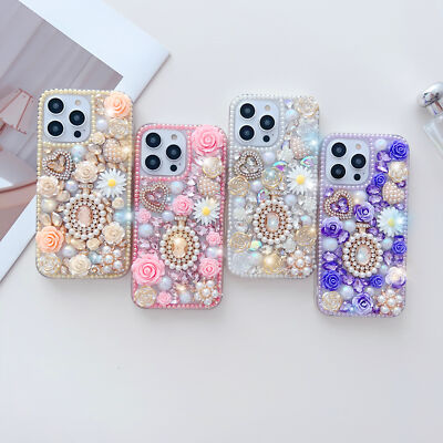 For iPhone 16 15 14 13 Pro Max/+/Pro TPU Diamond 3D Flower Rose Pearl Case Cover
