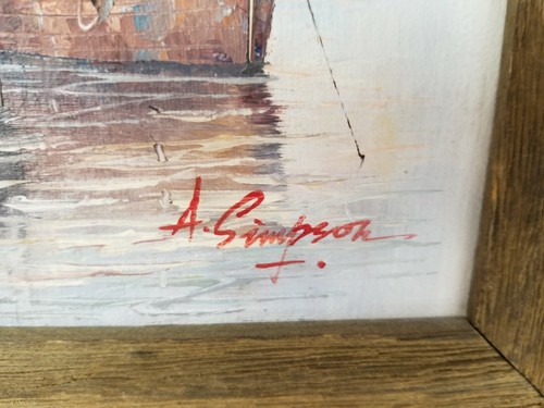 Vintage Signed A.Simpson Original Framed Oil Painting on Canvas Boats Marina - 第 2/6 張圖片