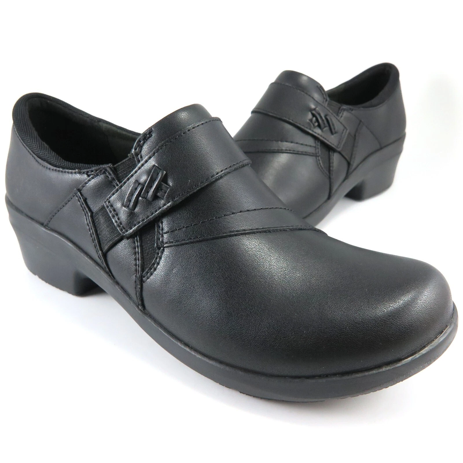 NUOVO ~ Mocassini Clarks Angie Pearl da donna taglia 9M slip on in pelle nera 61668158