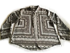 Chico's Size 3 XL 16 18 Silky Long Sleeve Button Blouse Black White Scarf Motif