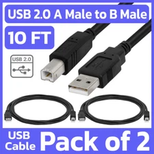 2 Pack Printer Cable 10ft USB 2.0 A Male to B Male Cord for HP Epson Canon Dell