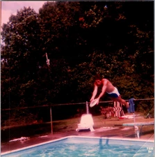 PH1254 Man Jumping Diving Board Frisbee Action Unusual Vintage Snapshot Photo