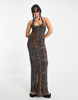 NWT Weekday Ruched Snake Print Mesh Halter Top Tie Neck Maxi Dress Baddie  Sexy S | eBay