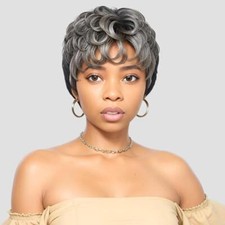 Salt and Pepper Wig Natural Edgy Pixie Cut Bob Wig Deep Curly Short Gray hair