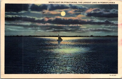 Pymatuning Lake Reservoir Jamestown Pennsylvania PA Moonlight Night Postcard A85