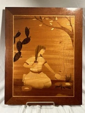 Vintage Rare Marquetry Inlaid Wood Artwork Girl Cooking Over Fire 19” x 15.5”