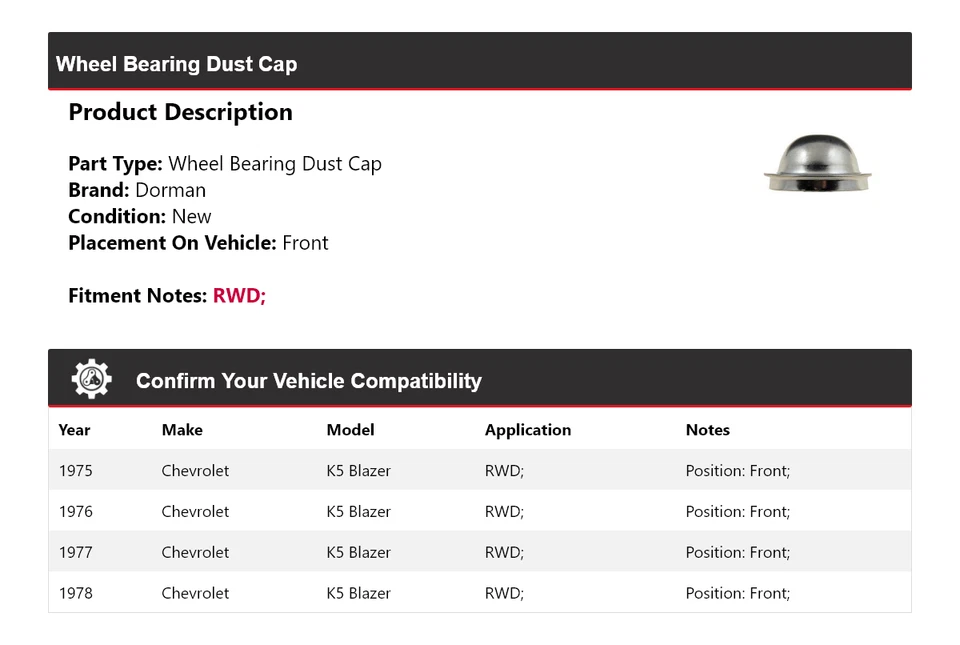Para Chevrolet K5 Blazer 1975-1978 tracción trasera Dorman cojinete de rueda tapa antipolvo delantero 1976 Foto 2 de 4