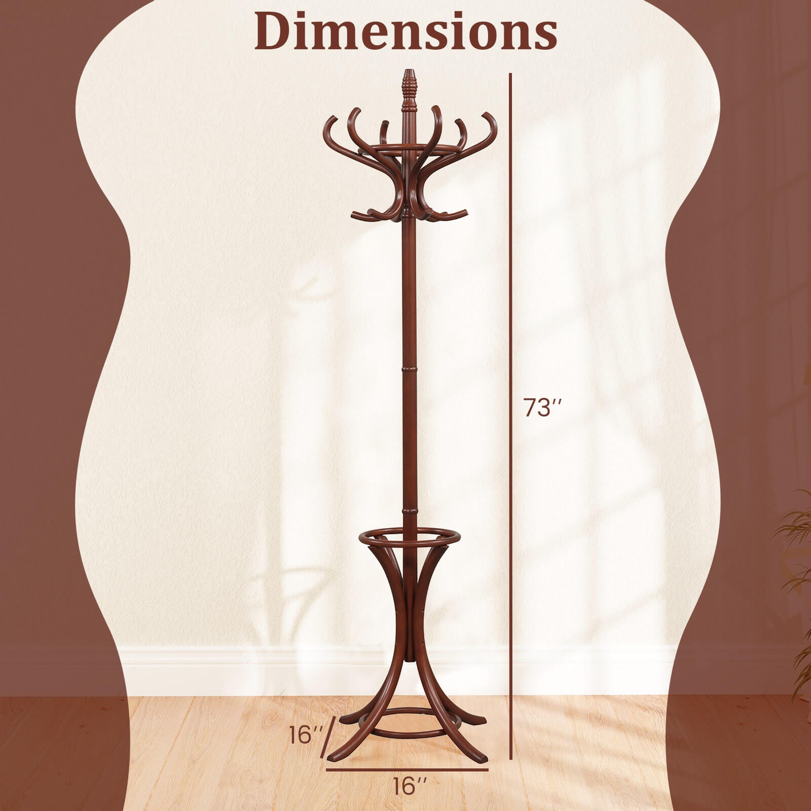 Wood Standing Hat Coat Rack Jacket Bag Hanger Home 12 Hooks w/ Umbrella Stand