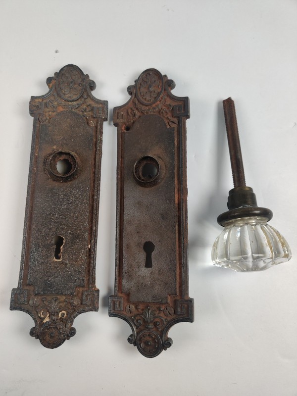 Set Of 2 Antique 1800s Victorian Door Plates W/ Crystal Doorknob