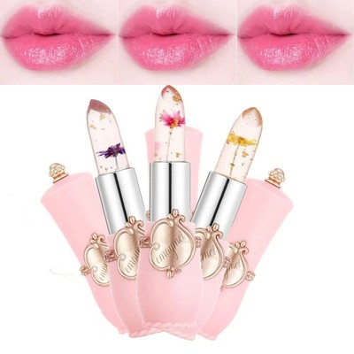 3Pcs Crystal Flower Jelly Lipstick Set,Magic Temperature Color Change Lip Gloss