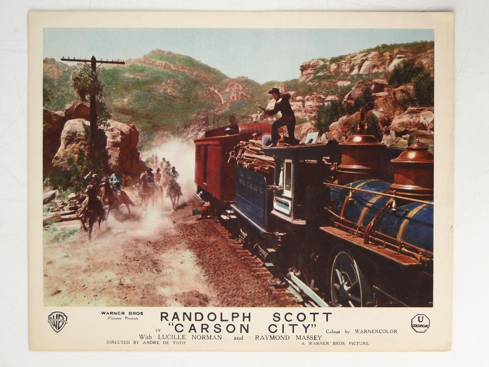 Randolph Scott Carson City Western Steam Train Chase Scene Film Lobby Card - Image 1 of 2