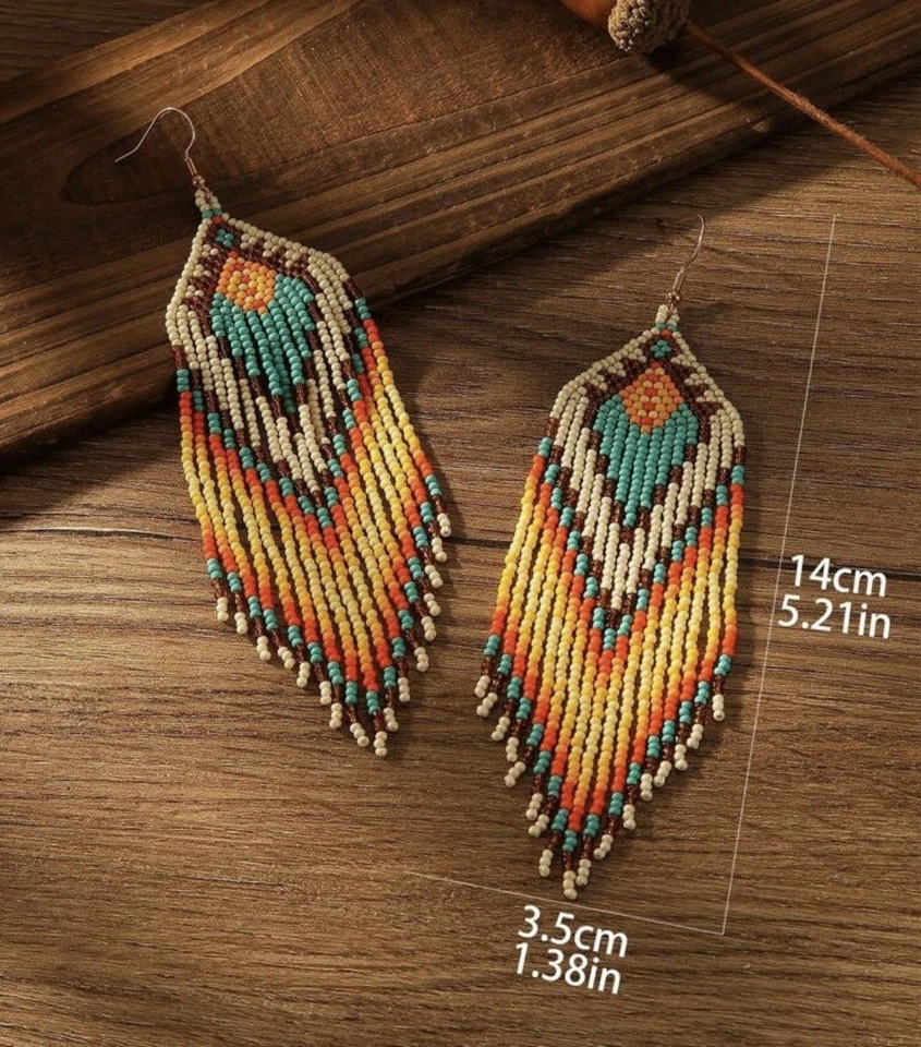 Pendientes Colgantes Largos con Cuentas - Boho Nativo Hecho a Mano Semilla Cuentas Borla Bohemio Foto 2 de 3