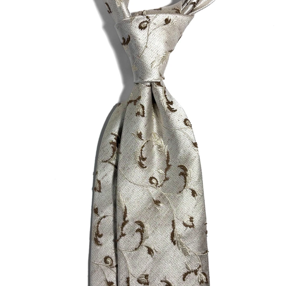 Галстук жаккардовый шелковый с цветочным узором из шампанского и золота (ручная работа в Польше) - Изображение 2 из 4