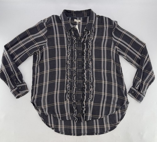NWT Anthropologie Pilcro Tuxedo Buttondown Shirt Relaxed Fit Ruffle Boho Sz L - Picture 3 of 11