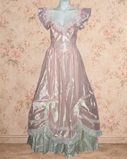 Vintage Gunne Sax Jessica McClintock Pink Satin Bows Lace Maxi Dress, S/M