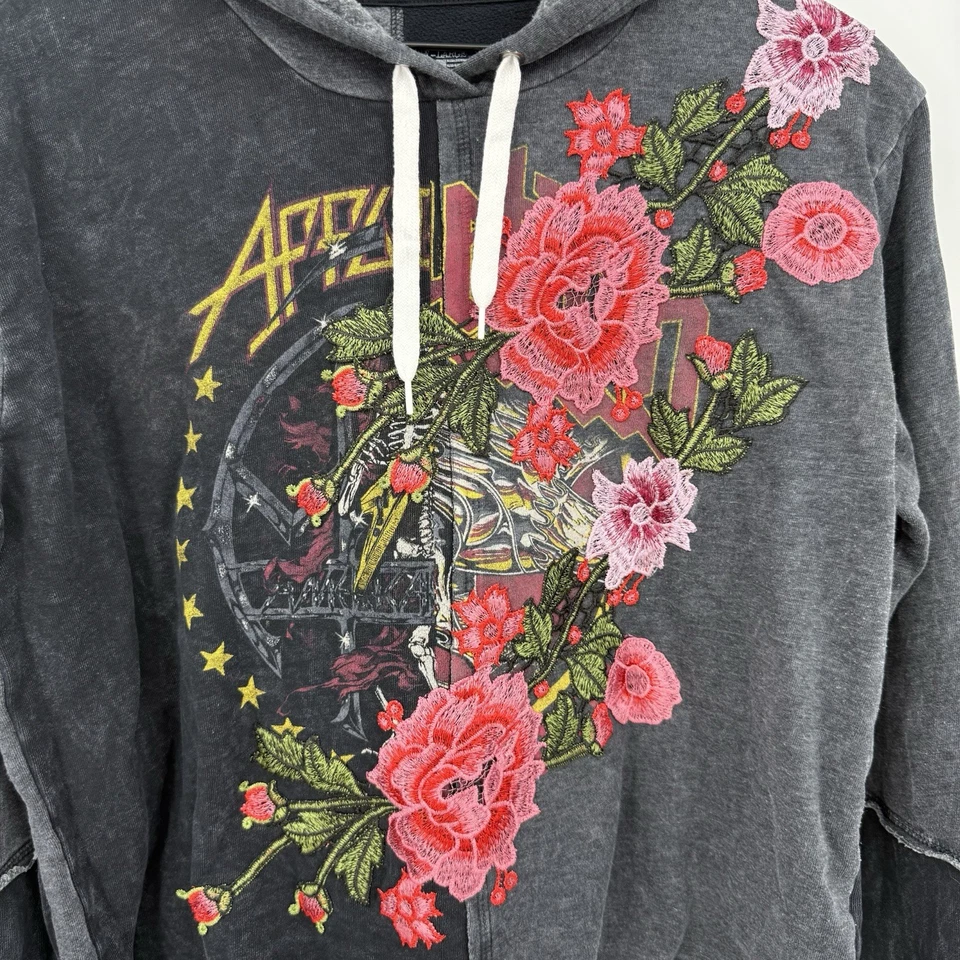 Sudadera con Capucha Affliction Floral Gráfica Bordada Negra Envejecida Grunge Edgy Talla XL Foto 3 de 4