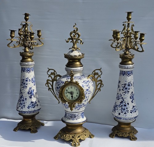 Delft Blue And White Clock Set Graniture Timepiece Movement Impressive Size 80cm - Picture 10 of 24