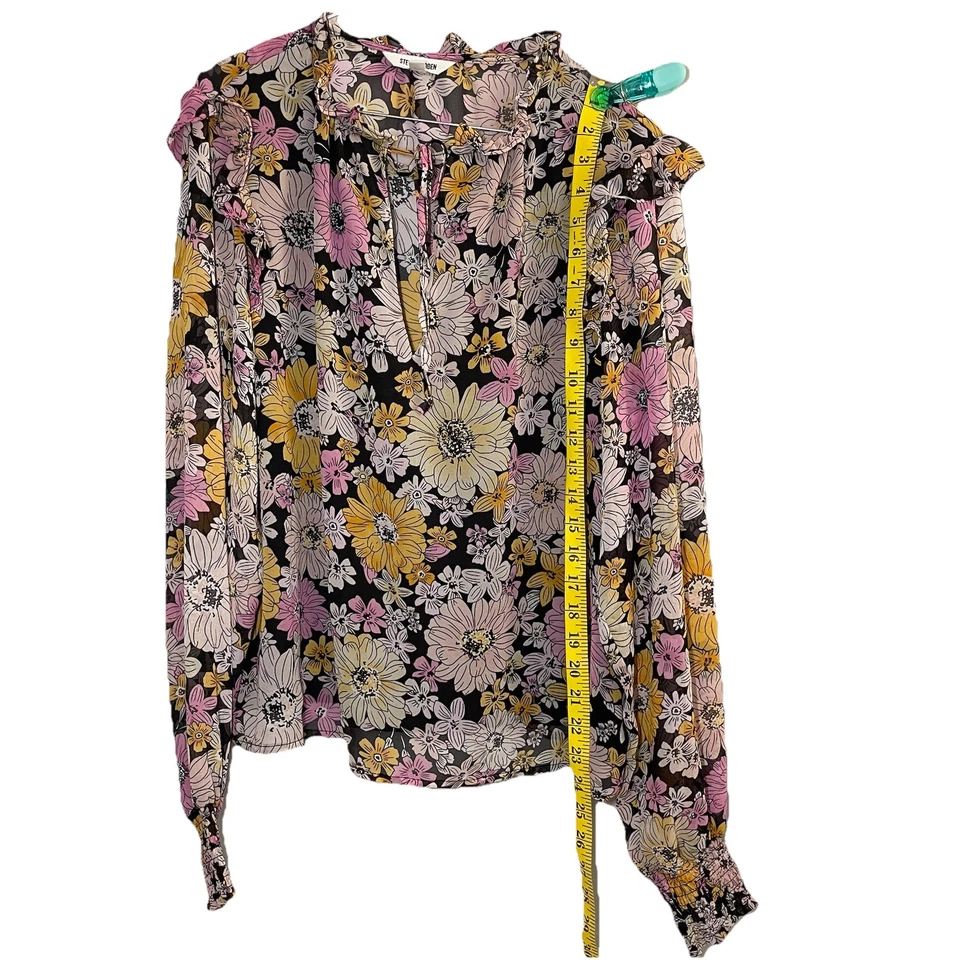 Blusa Steve Madden Talla XL Manga Larga Volantes Floral Oscuro Me Not Hada Calada Foto 3 de 4