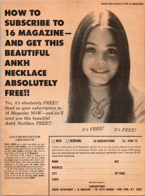16 Magazine Ankh Necklace Offer Vintage Print Ad 1973 Pop Culture