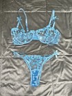 Shein Blue Heart Embroidery Mesh Bow Detail Sheer Bra & Panty Lingerie Set Small