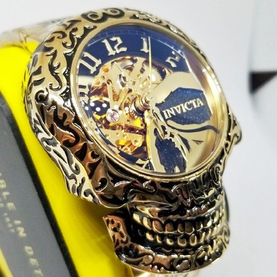 Invicta Artist Skull Automatic Skeletonized Gold Plated Steel 50mm 