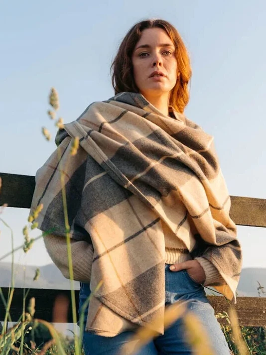 John Hanly Irish Brushed Lambswool Cape: Cream&Brown Tartan NEW Made in Ireland