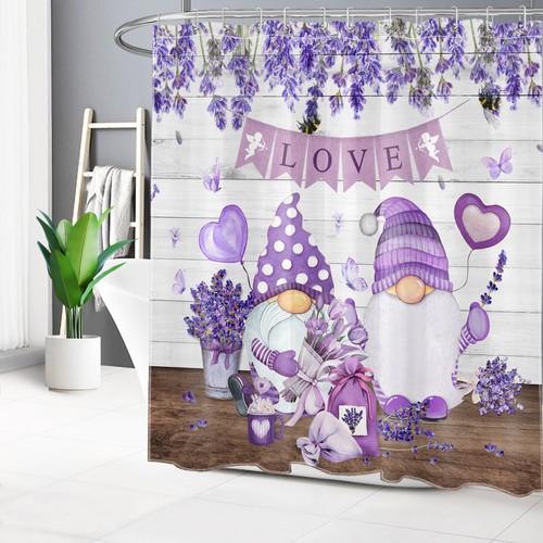 Vintage Purple Floral Gnome Valentines Shower Curtain Bathroom Accessories Set - Imagen 17 de 20