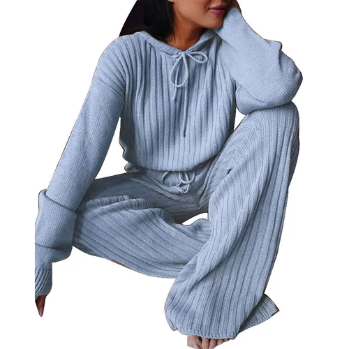 Outfits zweiteiliges Set Freizeitanzug Damenanzug Strickpyjama süß einfarbig mit Kapuze - Bild 12 von 22