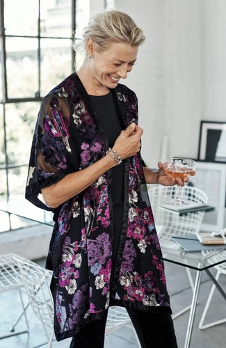 NWT J. Jill Purple Black Floral Velvet Burnout Sheer Kimono Cardigan One Size - Picture 3 of 4