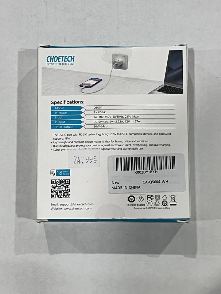 Cargador de Pared Choetech 20W USB-C PD USB 3.0 Q5004 Para Apple iPhone Samsung Galaxy Foto 4 de 4